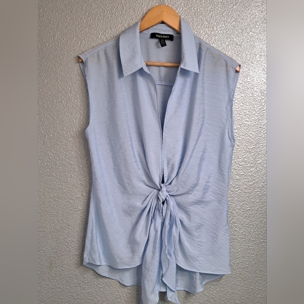Ellen Tracy Baby Blue Sleeveless Knot Front  Blouse  Size M